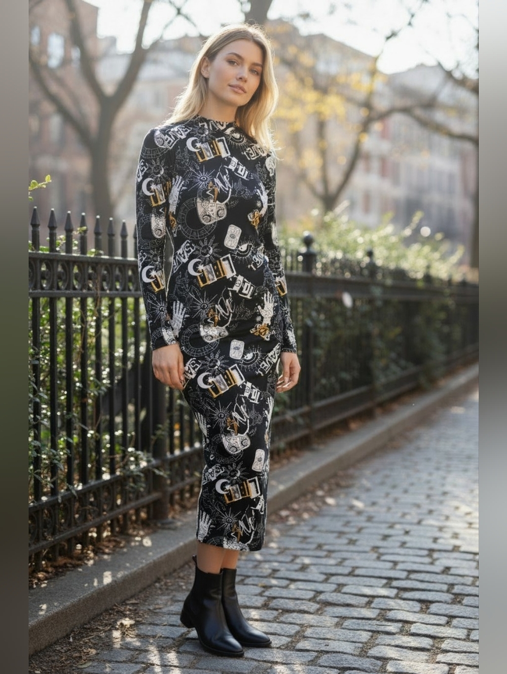 black and yellow tarot card maxi dress #goth #alternative high neck side slit